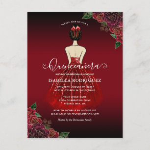 Cartão Postal Floral Red Princess Dourado Birthday Quinceañera