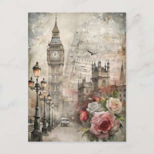 Cartão Postal Floral Romântico Vintage Londres Big Ben