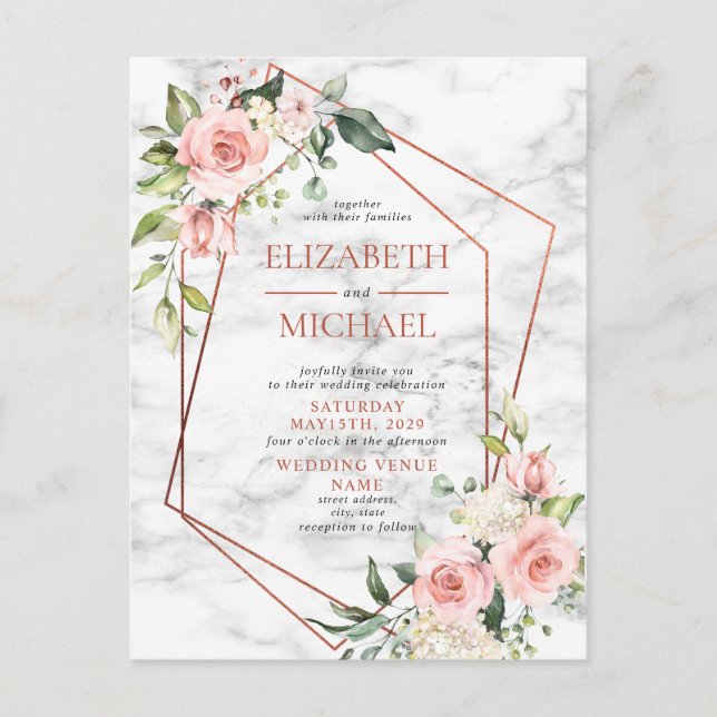 Cartão Postal Floral Rosa Mármore Geométrico Cobre (Frente)