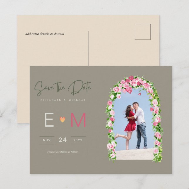Cartão Postal Floral Rosa para Anúncio de Casament (Frente/Verso)