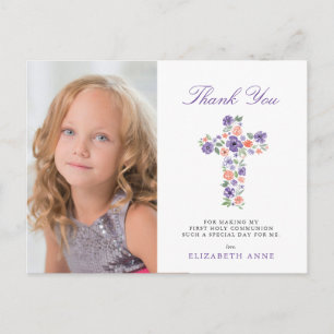 Cartão Postal Floral Roxa Cruz Primeira Comunhão Obrigado