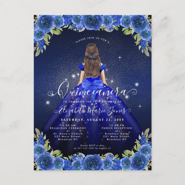 Cartão Postal Floral Royal Blue Glam Princess Quinceanera (Frente)