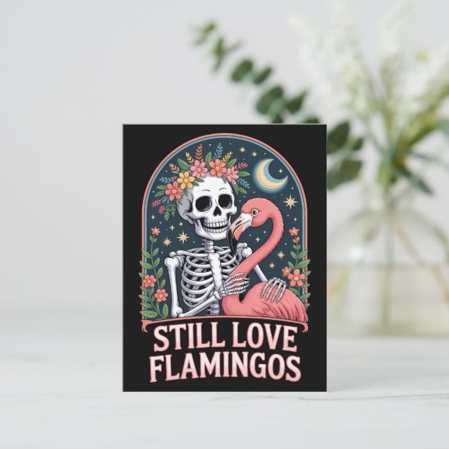Cartão Postal Floral Skeleton Flamingo Halloween (Em pé/Frente)
