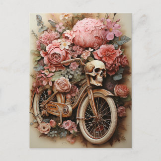 Cartão Postal Floral Skull Bicycle Watercolor