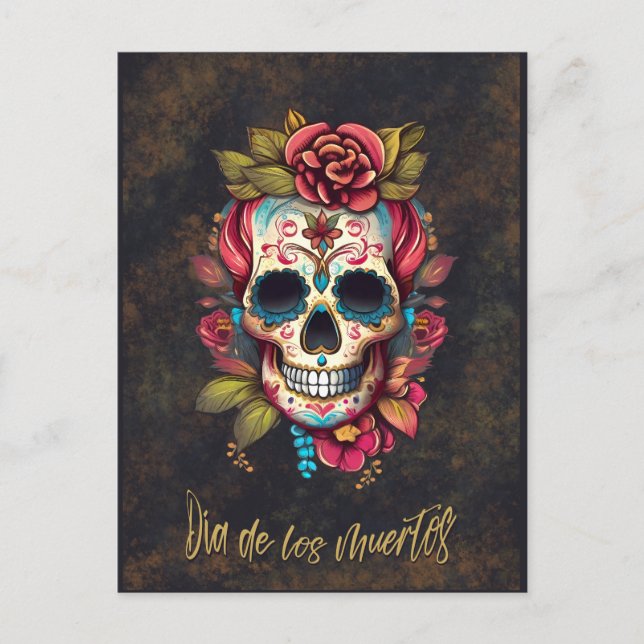 Cartão Postal Floral Sugar Skull Día de los Muertos Espanha (Frente)