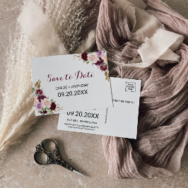 Cartão Postal Floral Verde Blush Burgundy Salve a placa de data