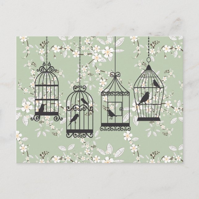 Cartão Postal Floral Verde Suave Com Birdcages (Frente)
