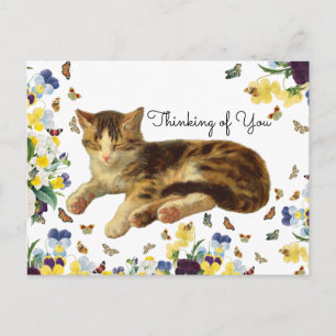 Cartão Postal Floral Vitoriano do Gato Cochilando Pensando em Vo
