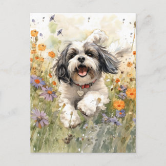Cartão Postal Floral Watercolor Shih Tzu que corre através da fl