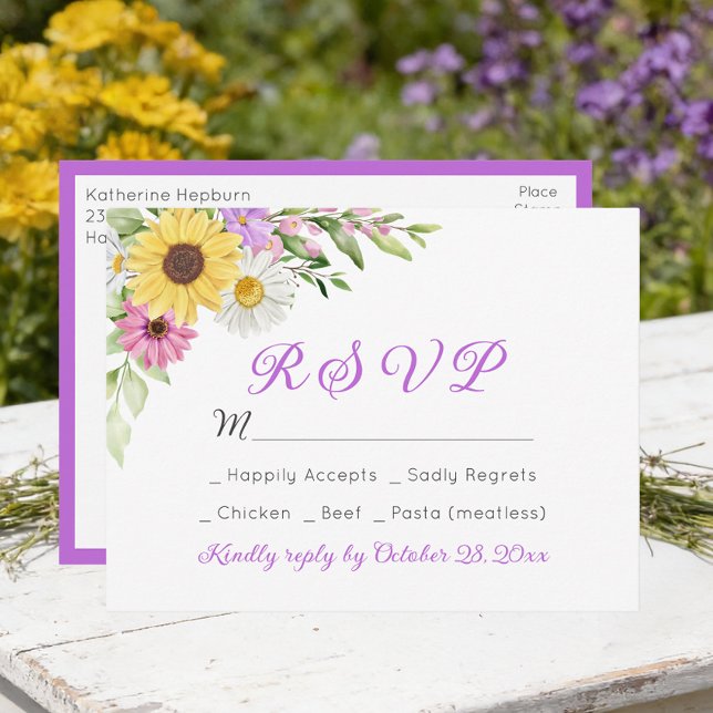 Cartão Postal Floral Wedding Wildflower Sunflower Daisy RSVP (Criador carregado)
