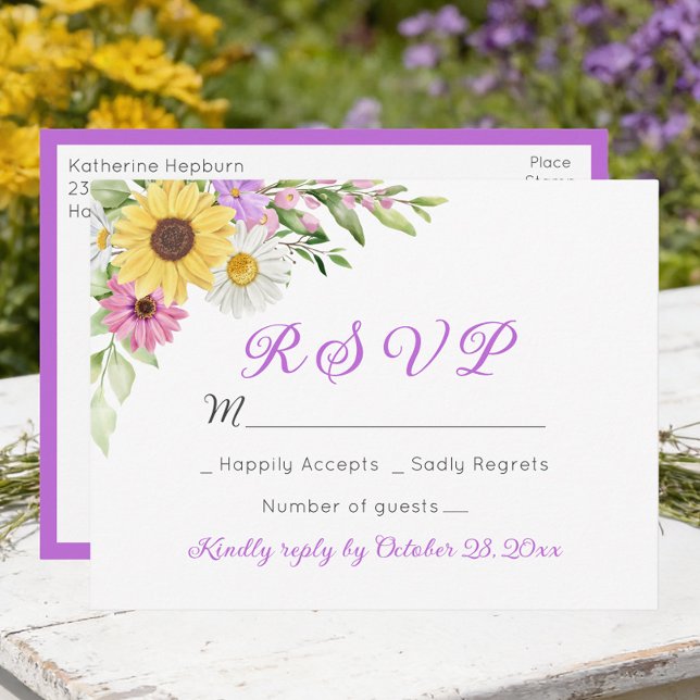 Cartão Postal Floral Wedding Wildflower Sunflower Daisy RSVP (Criador carregado)
