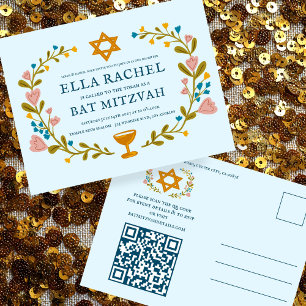 Cartão Postal Floral Wreath Bat Mitzvah Código QR personalizado