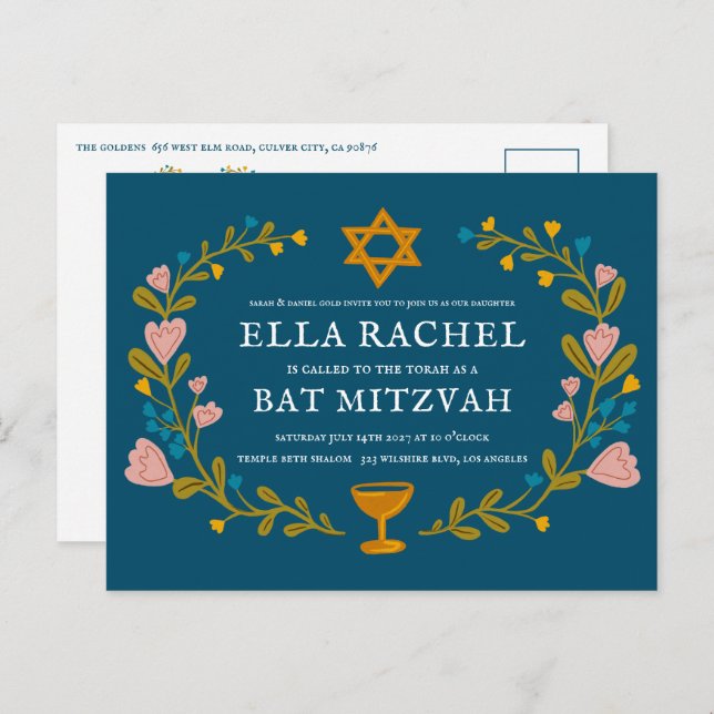 Cartão Postal Floral Wreath Bat Mitzvah Código QR personalizado  (Frente/Verso)