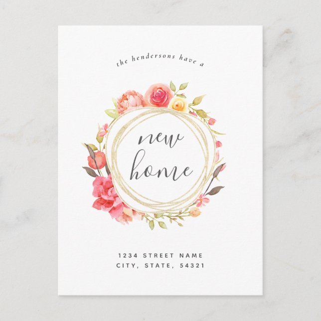 Cartão Postal Floral Wreath Novo Anúncio de Movimentação de Casa (Frente)