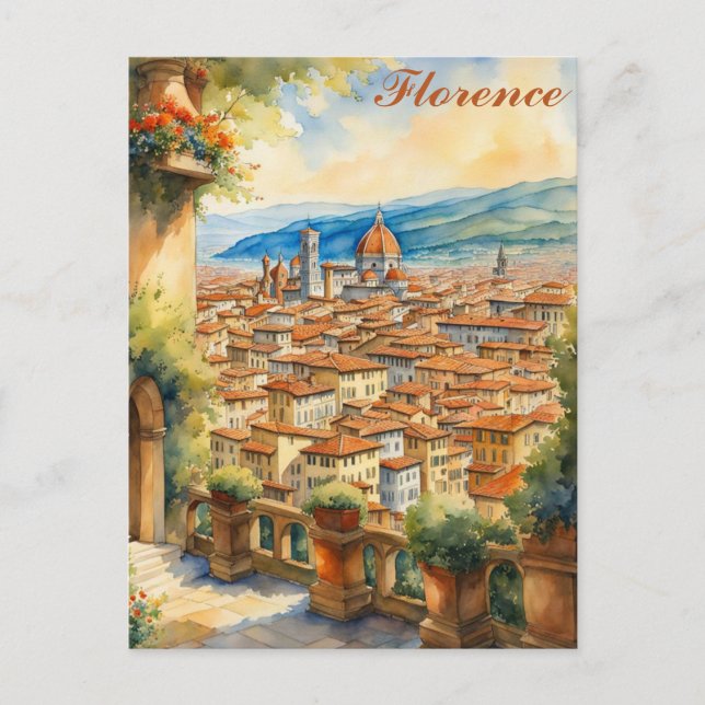 Cartão Postal Florence Italy Watercolor Illustration Viagem (Frente)