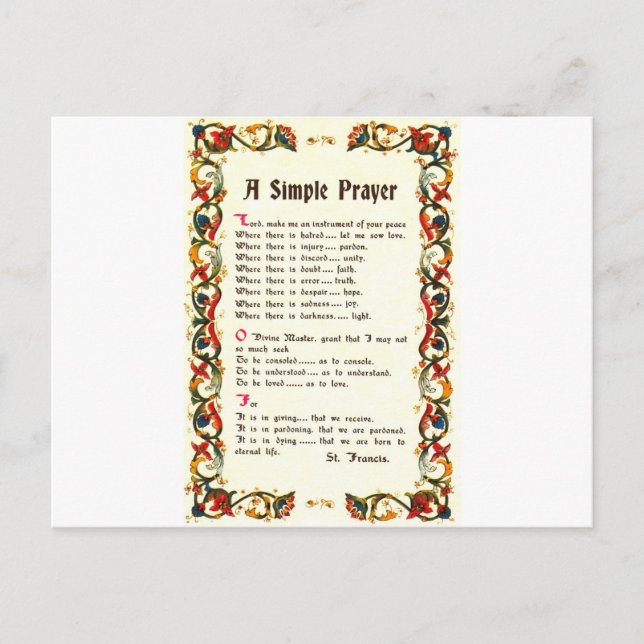 Cartão Postal Florentine Simple Prayer=Ruas. Francis=Papa Franci (Frente)