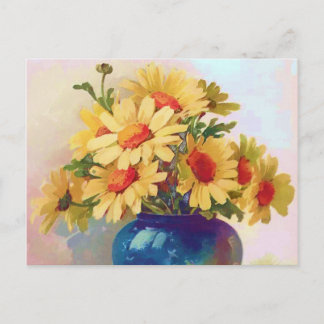 Cartão Postal Flores Amarelas Vintage no Cartão-Postal Azul Vase