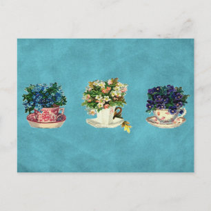 Cartão Postal Flores Antigas em Xícaras