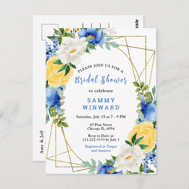 Cartão Postal Flores azuis e amarelas com Chá de panela de folha (Frente/Verso)