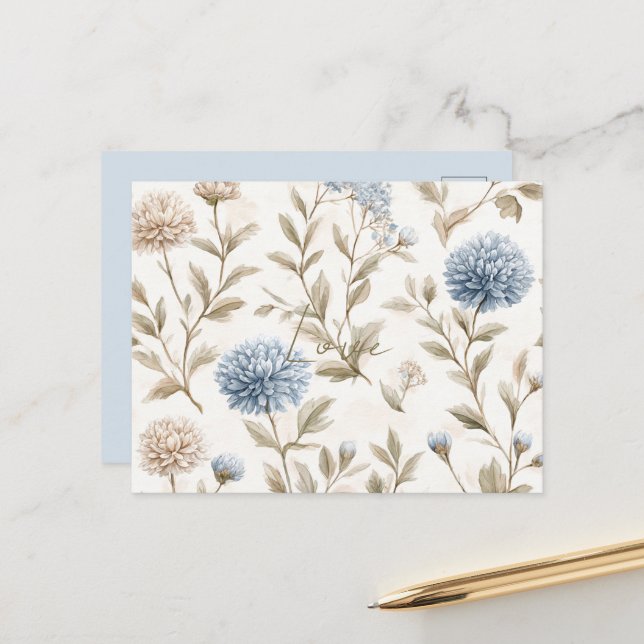 Cartão Postal Flores Azuis Marrom Creme Amor (Frente/Verso In Situ)