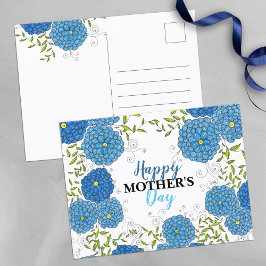 Cartão Postal Flores Azuis Vibrantes e Dia de as mães de Folhas 