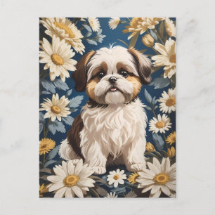 Cartão Postal Flores Brancas de Margarida Cachorros Shih Tzu