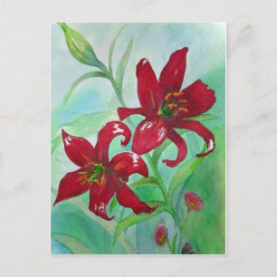 Cartão Postal Flores Brilhantes De Arte Vermelha E Aquarela Flor