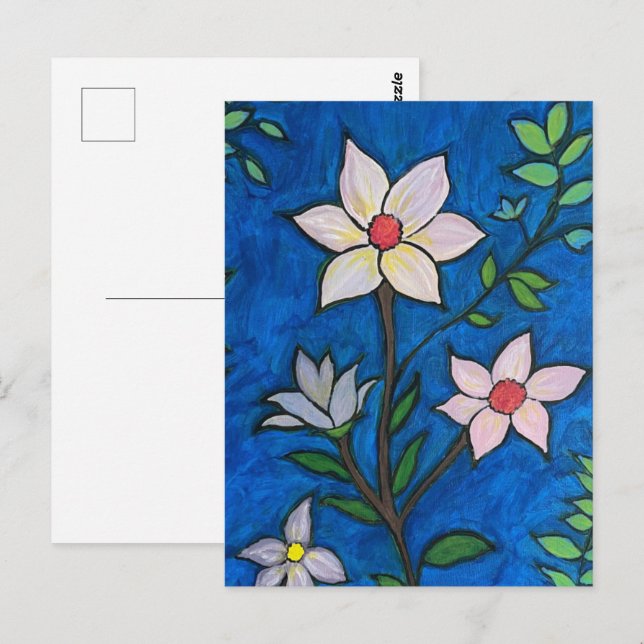 Cartão Postal Flores Caprichosas com Fundo Azul (Frente/Verso)
