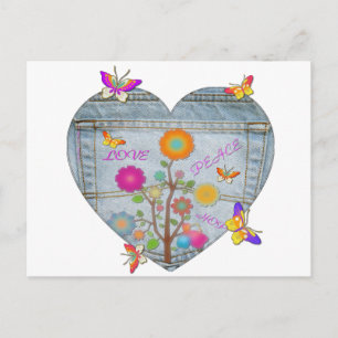 Cartão Postal Flores Cardíacas Denim Pocket Borboletas