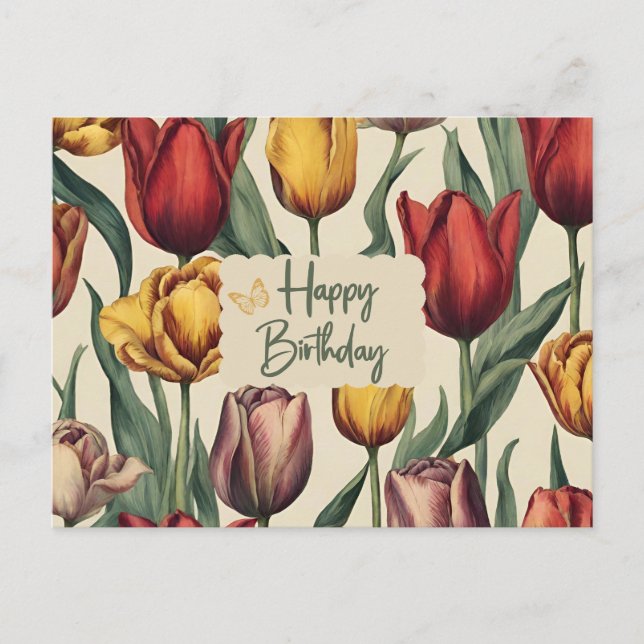 Cartão Postal Flores Coloridas de Tulipa de Aniversário (Frente)