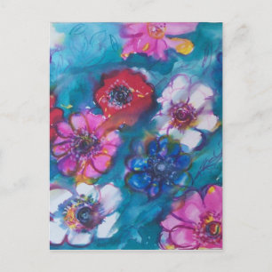 CARTÃO POSTAL FLÔRES COLORIDAS VERMELHAS ROSA BRANCO EM AZUL