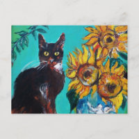 FLORES COM GATO PRETO EM TURQUOISMO AZUL