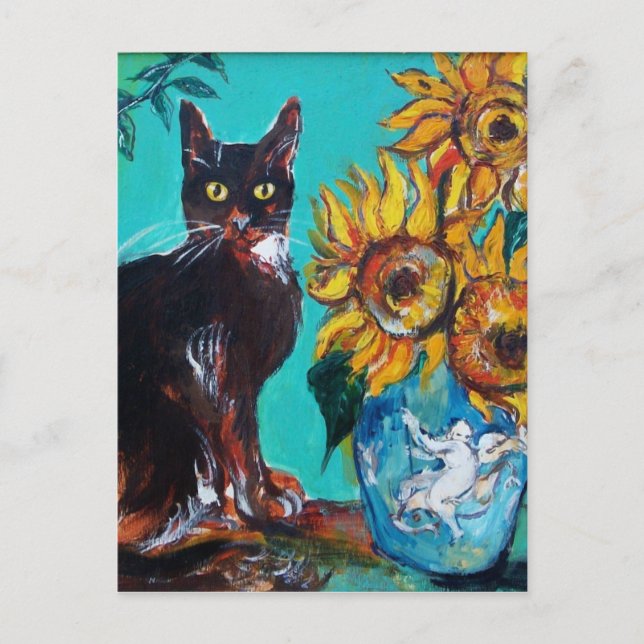 CARTÃO POSTAL FLORES COM GATO PRETO EM TURQUOISMO AZUL (Frente)