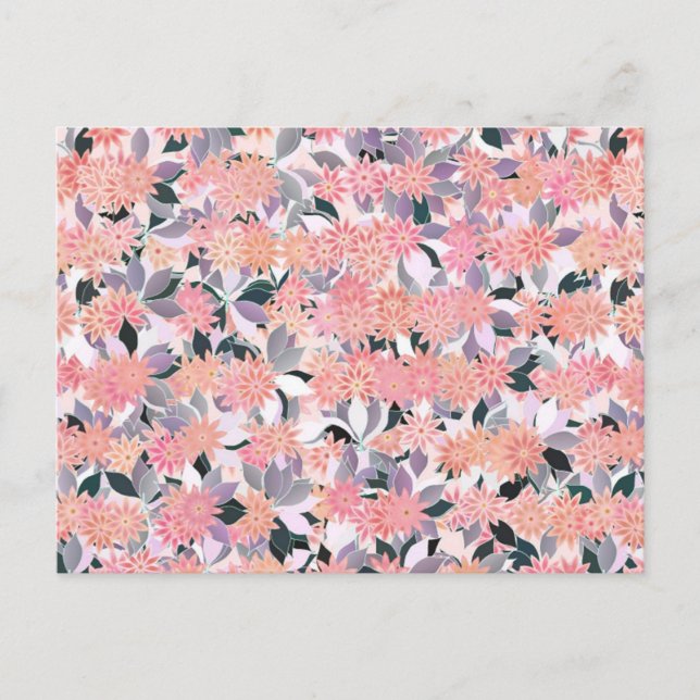 Cartão Postal Flores cor-de-rosa em um fundo de folhas prateadas (Frente)