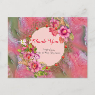 Cartão Postal Flores Corais, Grama e Rosa Peônia
