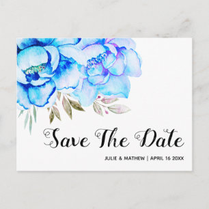 Cartão Postal Flores de aguarela azul aqua floral Salve a Data