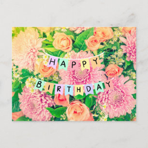 Cartão Postal Flores de Aniversário - Mums Rosa e Rosas