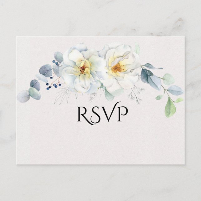 Cartão Postal Flores de Aquarela Azul e Branco (Frente)
