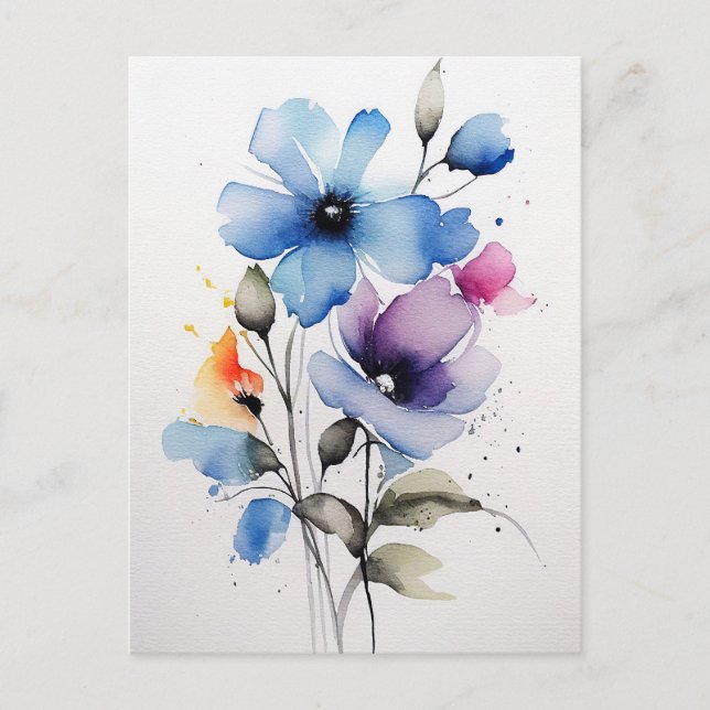 Cartão Postal Flores de Aquarela Azul e Púrpura (Frente)