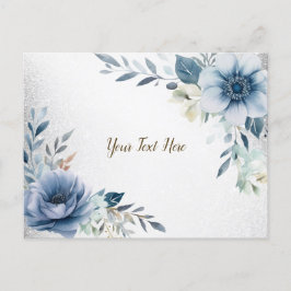 Cartão Postal Flores de Aquarela Azul Empoeirado Prata Elegante
