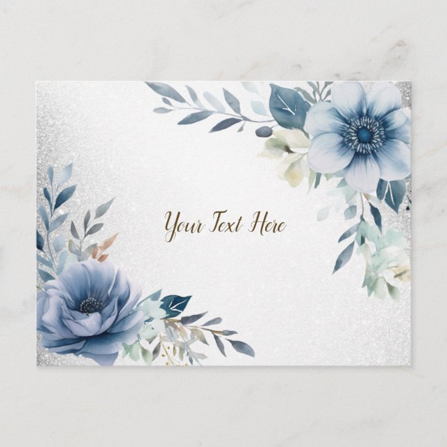Cartão Postal Flores de Aquarela Azul Empoeirado Prata Elegante (Frente)