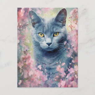 Cartão Postal Flores de aquarela azul-russas