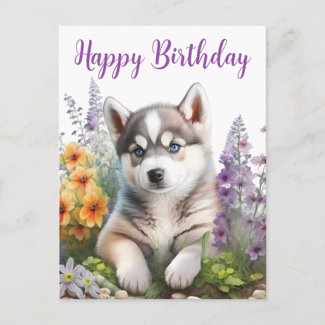 Cartão Postal Flores de Aquarela e Cachorrinho Husky Siberiano (Frente)