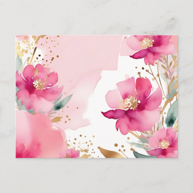 Cartão Postal Flores de Aquarela Rosa Macio Com Dourado (Frente)