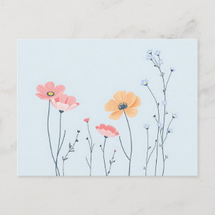 Cartão Postal Flores de Arte de Linha Mínima no Pastel Azul