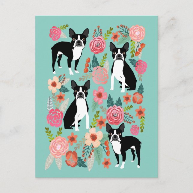 Cartão Postal Flores de Boston Terrier Spring - boston terrier f (Frente)