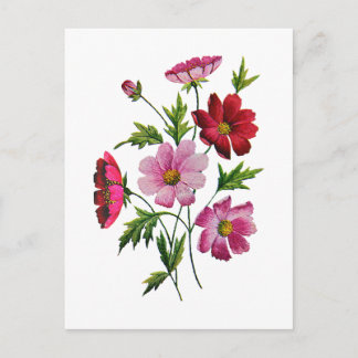 Cartão Postal Flores de Cosmos Bonitos em Bordados de Crewel