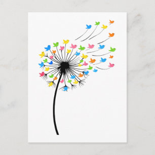 Cartão Postal Flores de dente-de-leão voam aves coloridas
