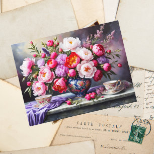 Cartão Postal Flores de Elegância: Peônias em Buquê Oriental