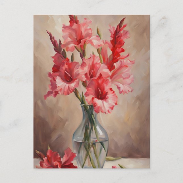 Cartão Postal Flores de Gladiolus Vermelhas e Rosa num Vaso (Frente)